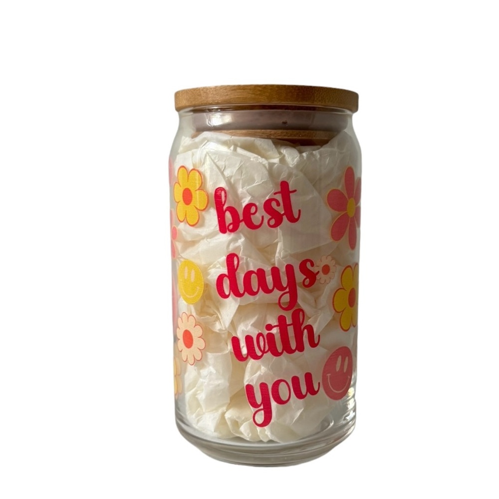 Swift‎ Best Days With You Fearless Flower Smiley Face Sipper Glass w/ Bamboo Lid